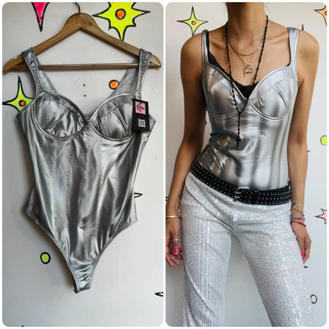 90s Y2K | Silver Metallic Space Girl Cosplay Disco Glam Costume Bodysuit | L