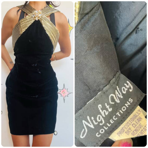 Vintage 80s 90s Black & Gold Velvet Party Mini Dress – Glam Goth – Sz 10 Petite