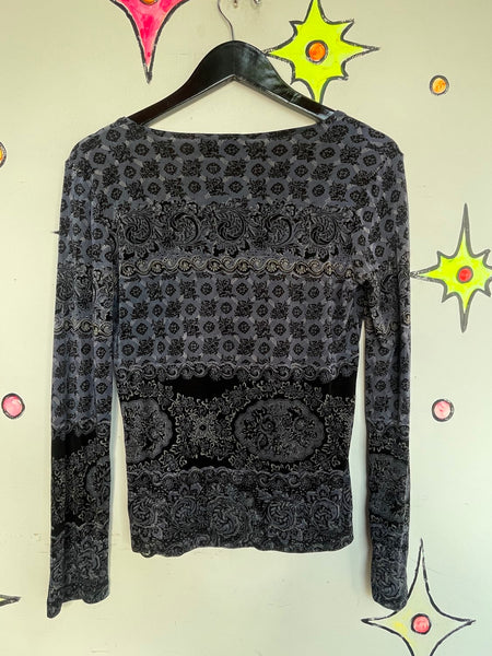 90s Paisley Long Sleeve Top Slinky Stretchy Whimsigoth Pirate Fairy Grunge L