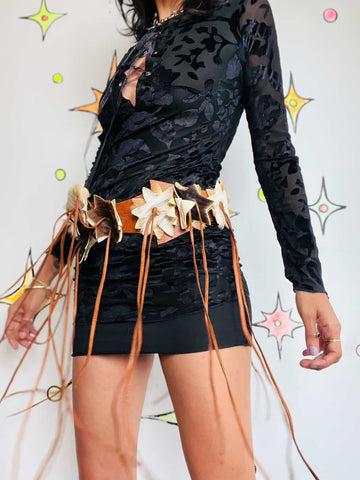 Vintage Brown Leather & Cowhide Fringe Belt w Star Patches Western Boho Grunge