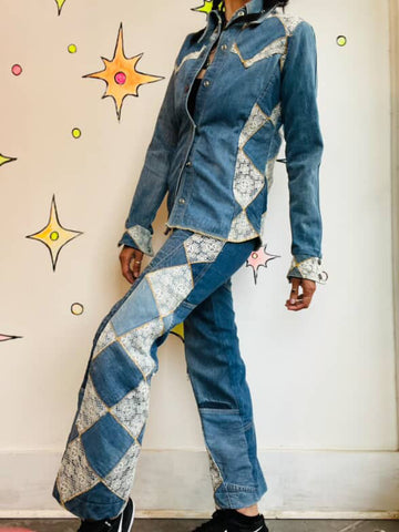 1970s Antonio Guiseppe Patchwork Denim Jacket & Pants Set – Rare Vintage - Small