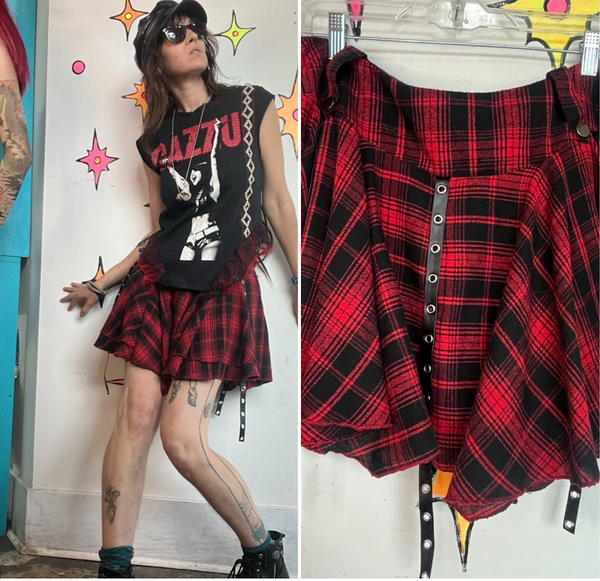 Y2K Plaid Harness Mini Skirt Avant Garde Indie Sleaze Mall Goth Punk Grunge XXL