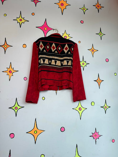 Red Western Blazer 80s Cowboycore Folk Art Jacket Office Siren Glam Statement L