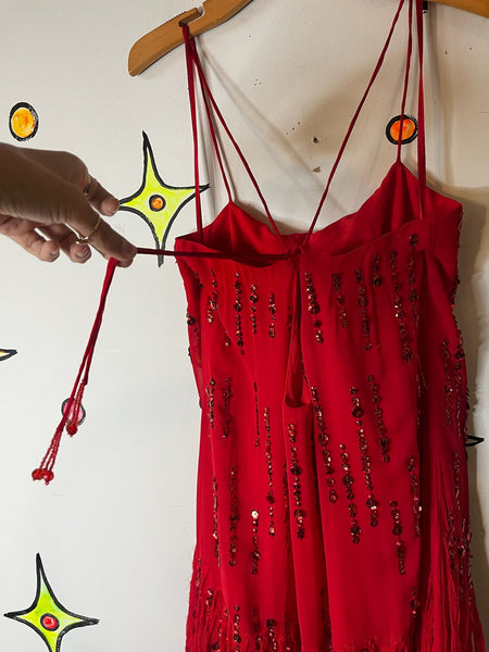 Vintage Red Fringe Flapper Christmas New Year Holiday Party Dress Sequin Glam XS