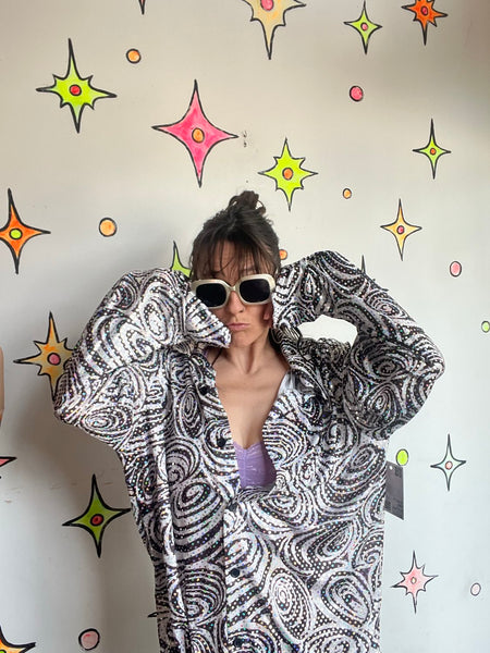 Vintage 90s Metallic Silver Irridescent Party Shirt - Rave Disco Clubwear M/L