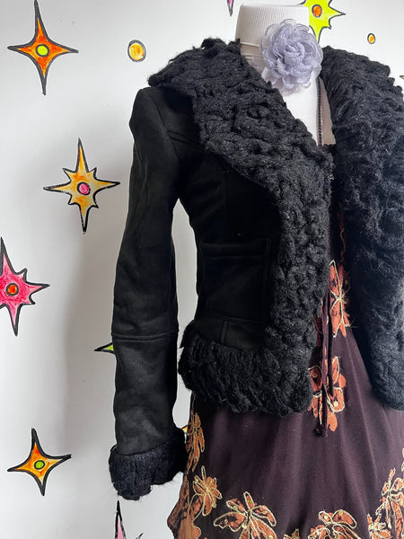Y2K Black Faux Fur Trim Jacket Fairy Grunge Whimsy Goth Glam - XS