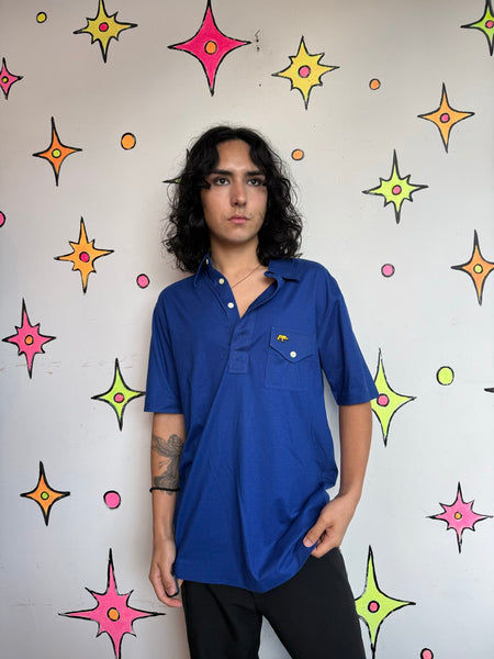 1970s 80s Jack Nicklaus Polo Blue Dagger Collar Retro Golf Shirt Men Preppy M