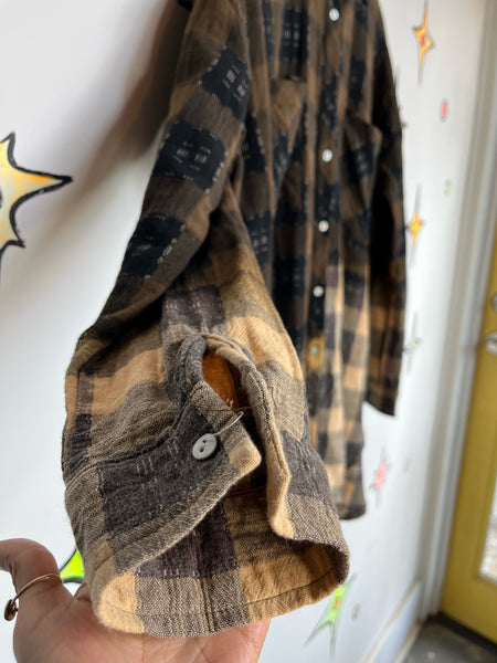 Y2K Brown Boho Grunge Plaid Patchwork Flannel Oversized Boyfriend Shirt M