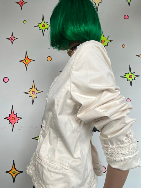 Y2K White Sparkly Military Jacket Silver Metallic Glam Chicos Boho Grunge L