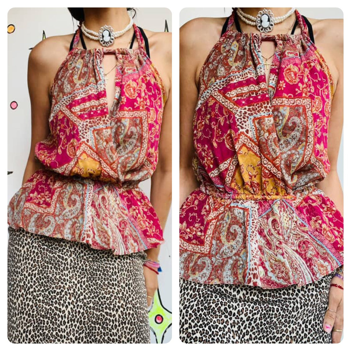 90s Y2K Pink Sheer Halter Top – Boho Fairy Grunge – Paisley Floral Scarf Print