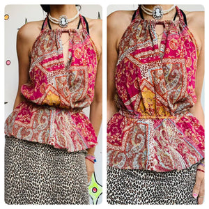 90s Y2K Pink Sheer Halter Top – Boho Fairy Grunge – Paisley Floral Scarf Print