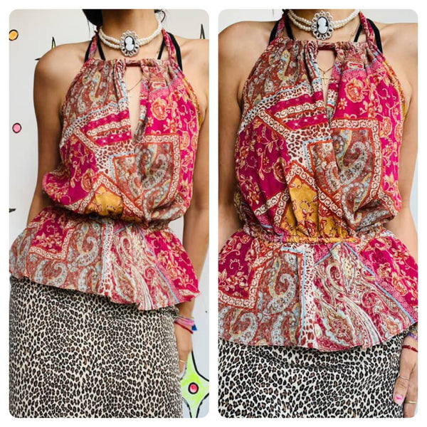 90s Y2K Pink Sheer Halter Top – Boho Fairy Grunge – Paisley Floral Scarf Print