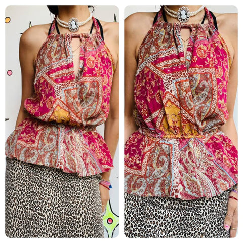 90s Y2K Pink Sheer Halter Top – Boho Fairy Grunge – Paisley Floral Scarf Print