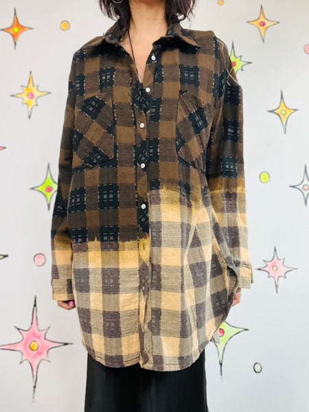 Y2K Brown Boho Grunge Plaid Patchwork Flannel Oversized Boyfriend Shirt M
