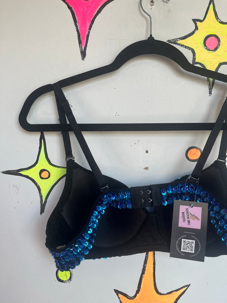 Blue Beaded Bra Top | Y2K Festival Mermaid Glam Sequin Bralette S