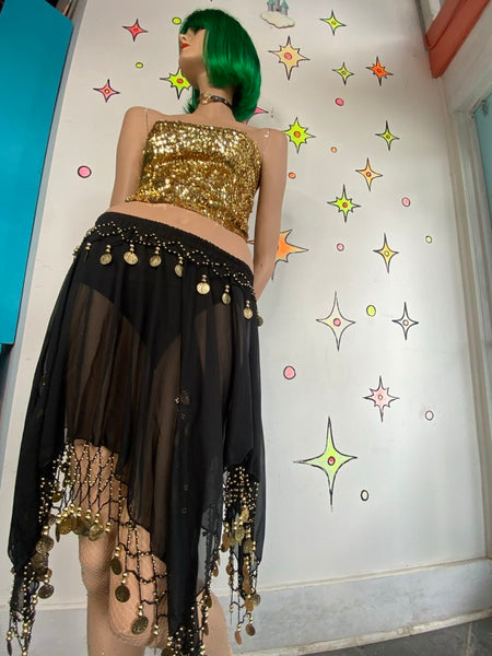 Black and Gold Asymmetrical Chainmail Skirt Coin Sheer Belly Dance S