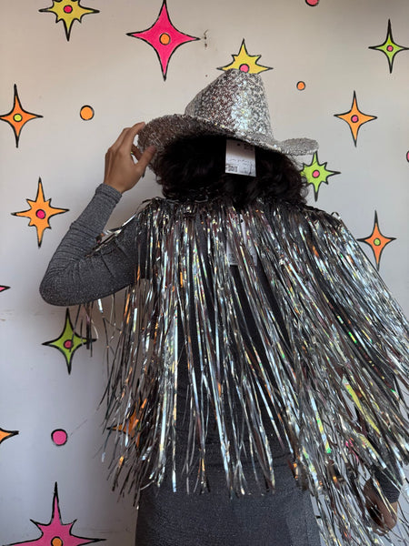 Silver Fringe Cape Disco Cowboy Studio 54 - 70s Showgirl Metallic Cosmic Circus