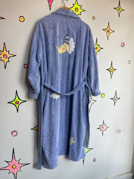 Vintage 80s 90s Celestial Moon & Stars Fuzzy Plush Bath Robe - Size L