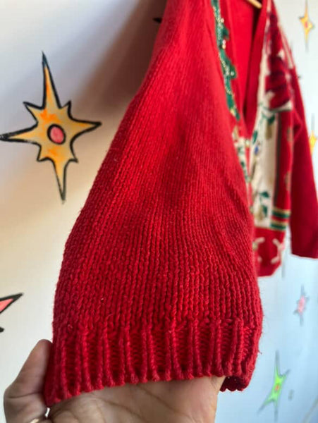 Vintage Red Christmas Sweater Tree Presents & Owl Ugly Xmas Party Sweater – M