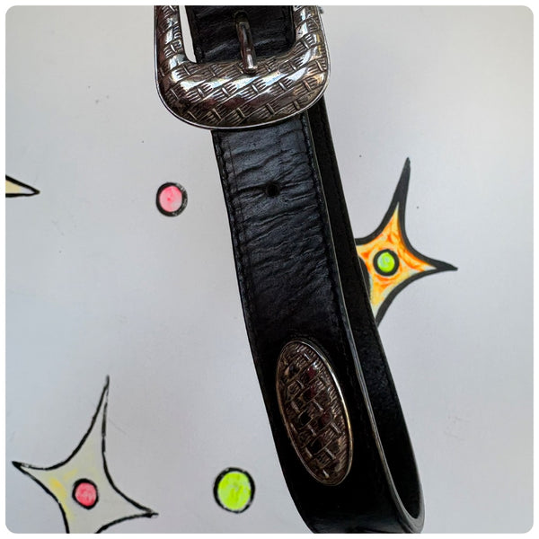 90s Black Western Leather Belt Silver Concho Studded Cowboy Boho Goth Buckle