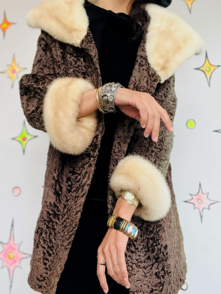 Vintage 40s 50s Persian Lambswool Fur Coat Mink Collar & Cuffs Luxury Penny Lane