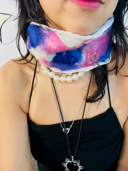 90s Nuno-Felted Abstract Art Scarf – White, Purple & Pink Fuzzy Fairy Grunge