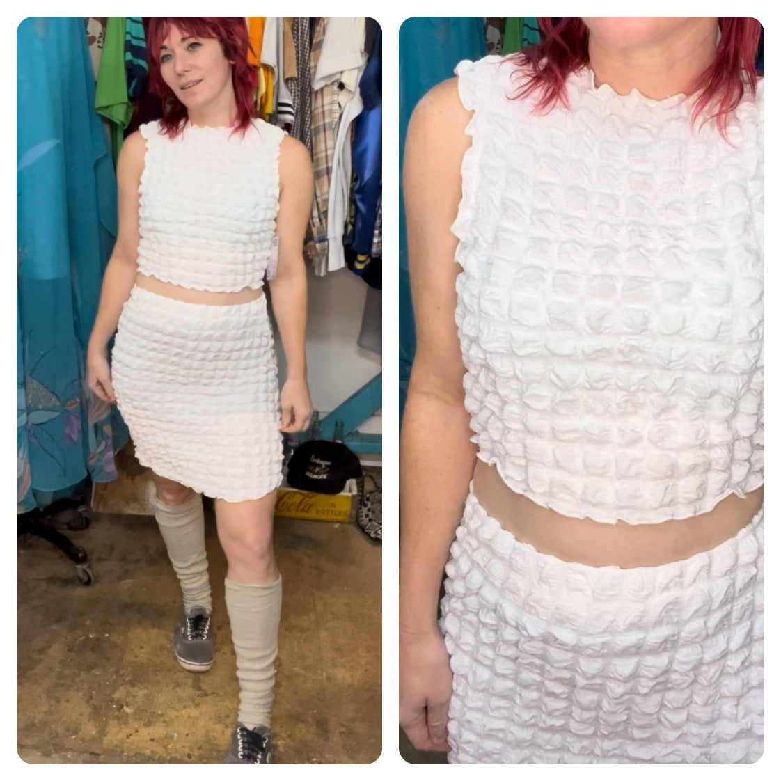 Y2k 2000s | White Popcorn Top and Skirt Set | Size M