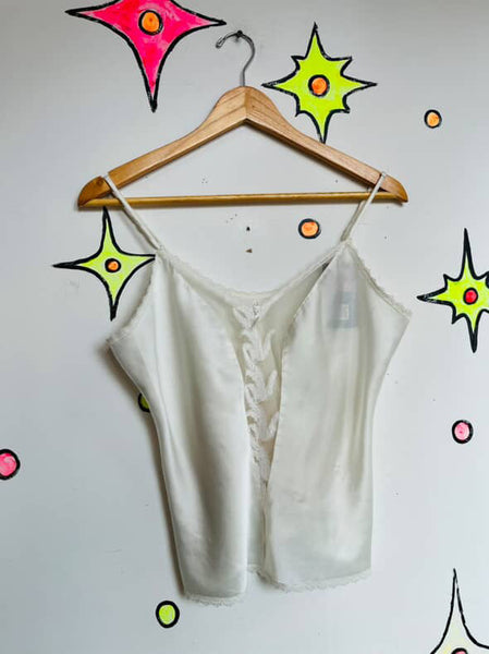 Vintage White Silk Camisole Pearl Beaded Lace Rococo Coquette Romantic Blouse ML