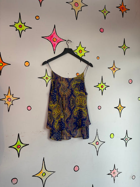 Vintage Y2K Pure Silk Paisley Tiered Cami Boho Fairy Grunge Blouse L
