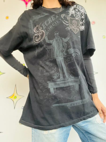 Vintage Y2K Indie Sleaze Black Graphic Tee - Tattoo Print Goth Grunge Shirt - XL