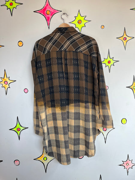 Y2K Brown Boho Grunge Plaid Patchwork Flannel Oversized Boyfriend Shirt M