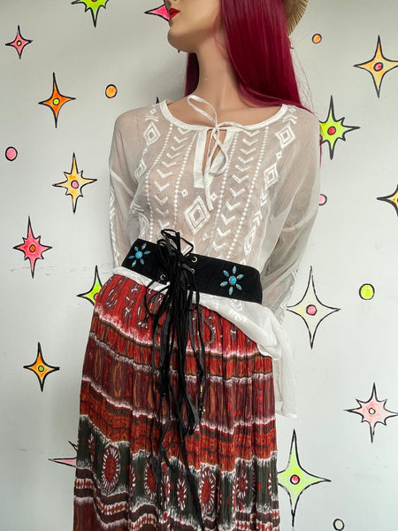 White Sheer Western Boho Embroidered Blouse Top Oversized Layering Piece XL
