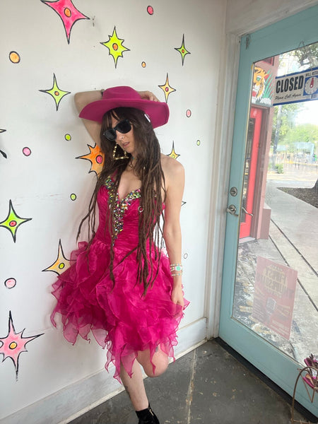 Y2K Hot Pink Rhinestone Tulle Party Corset Dress Prom Corset Glam Barbie Core M