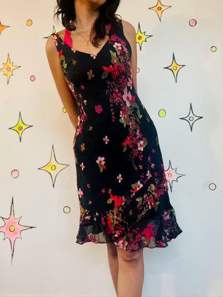 90s Y2K Black Witchy Boho Silk Fairy Grunge Slip Dress – Siren Floral Beaded 6P