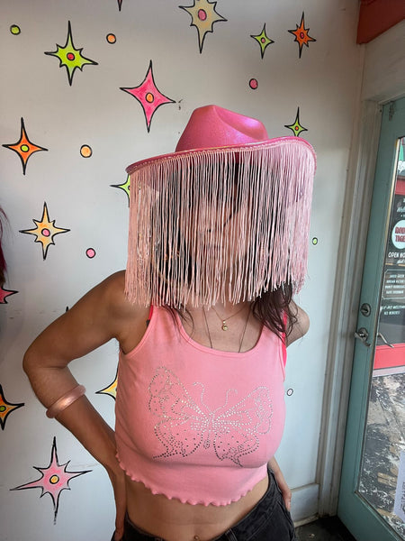 Pink Fringe Cowgirl Hat Barbiecore Western Glam Rodeo Statement Hat