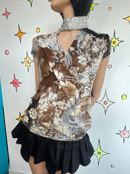 90s Y2K Abstract Art Print Twist Front Top Fairy Grunge Whimsy Goth Stretch - M