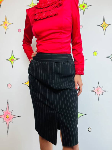 90s Y2K Black Pinstripe Pencil Skirt – Preppy Office Goth Academia – 8 Petite