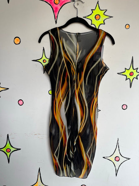 90s Grunge Sheer cyber goth Lace Up Keyhole Mesh Flame Print Bodycon Dress M
