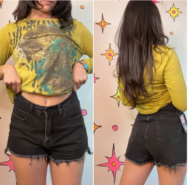 Vintage Black Denim Cutoff Shorts | High Rise Grunge Jean Shorts S