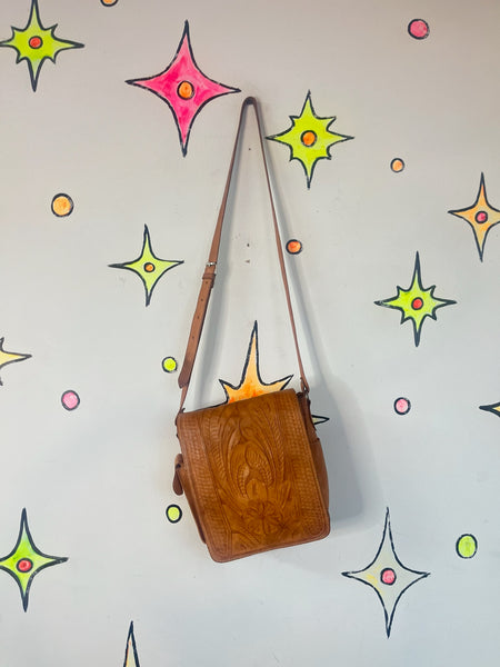 Vintage 70s Tooled Leather Boho Western Satchel | Floral Hippie Crossbody Bag
