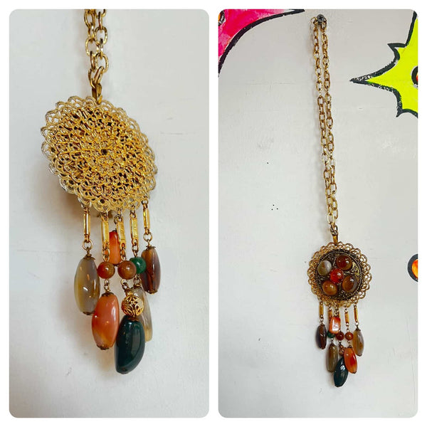 Vintage 60s 70s | Gold Plated Filigree Mixed Agate Talisman Pendant Necklace