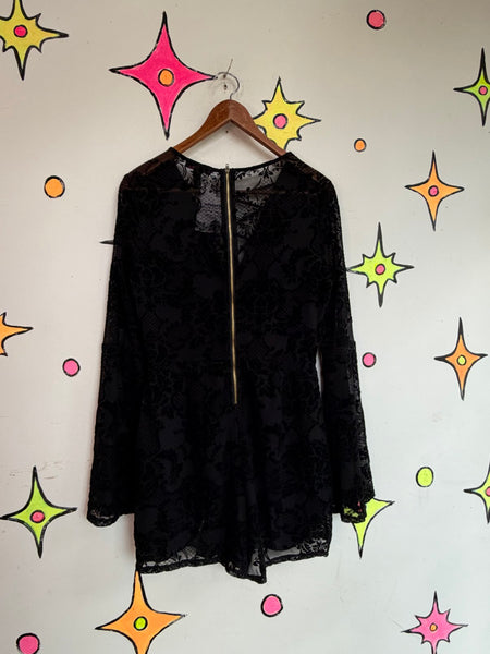 Vintage Black Velvet Burnout Playsuit Goth Fairy Grunge Bell Sleeve Romper L