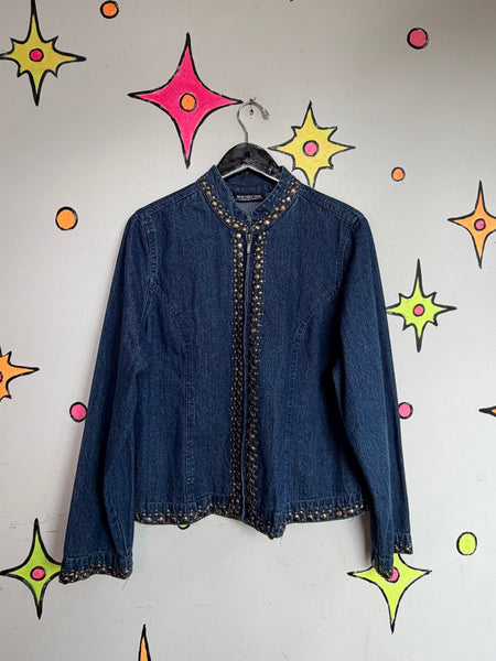 Y2K Beaded Denim Jacket | Embellished Rhinestone Indie Sleaze McBling Glam L