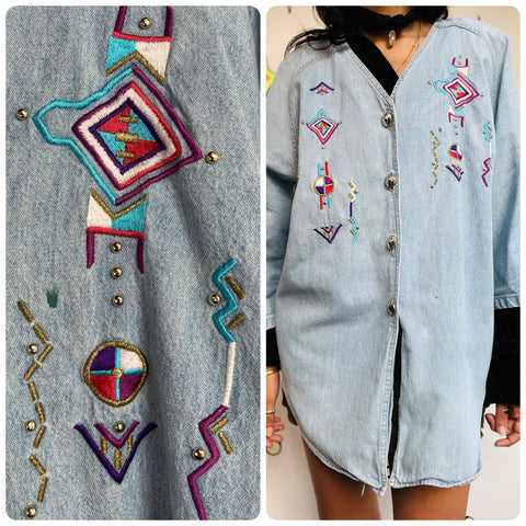 Vintage 80s 90s Light Wash Denim Western Embellished Top ' Boho Grunge Size M