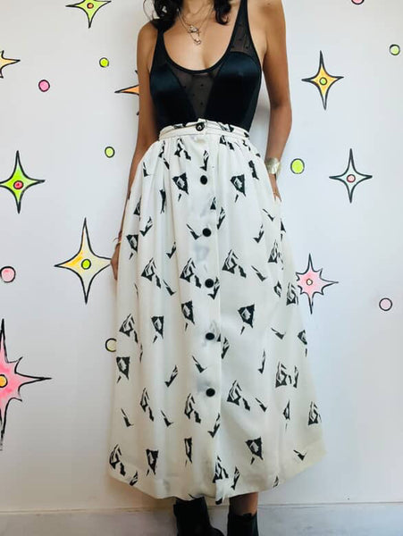 Vintage 70s/80s Boho Grunge Abstract Print Midi Skirt with Pockets – Small