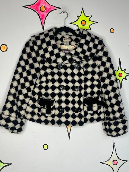 Y2K Black & White Vegan Fur Crop Coat Harlequin Clowncore Glam 60s Style - S
