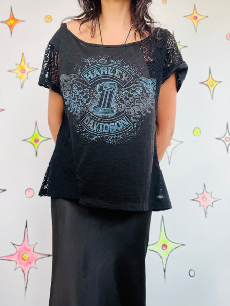 Vintage 90s Grunge Boho Harley Davidson Lace Trim Asymmetrical Sheer Top Tee XL