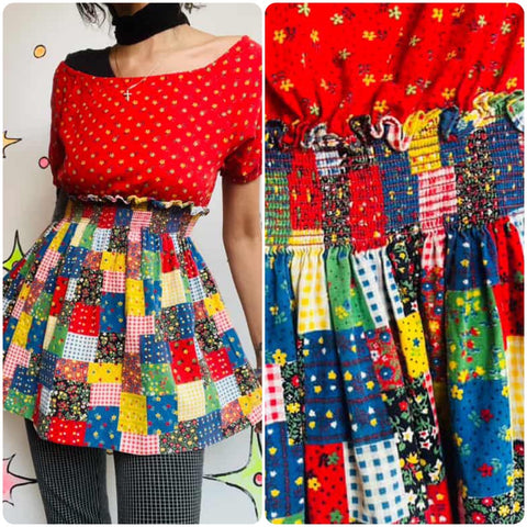 Vintage 60s 70s Patchwork Babydoll Boho Cottage Core Fiary Grunge Clown Top | S