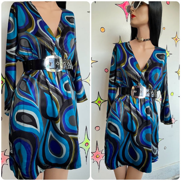 Y2K Blue Swirl Long Top Mini Dress | Psychedelic Cyber Grunge Rave Polyester M