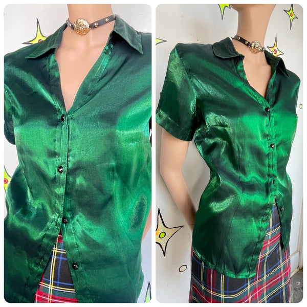 Emerald Metallic Button Up Shirt - 90s Vintage Fairy Grunge Cyber Party Top M/L